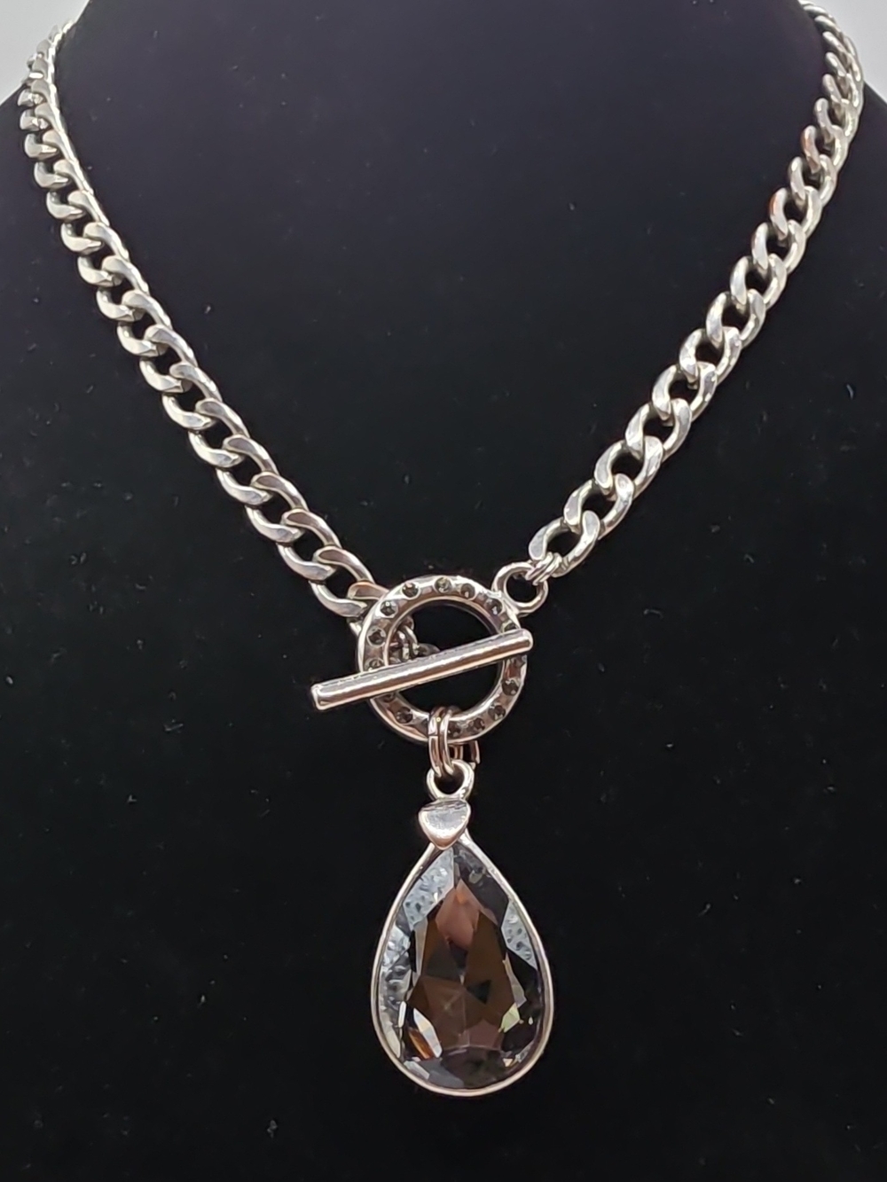 Smoky Black Teardrop Crystal Pendant Toggle Clasp Necklace